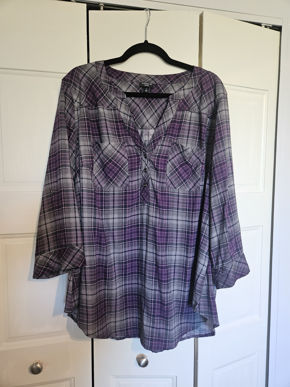 torrid Purple & Gray Plaid Button-Front Tunic - Picture 1 of 5